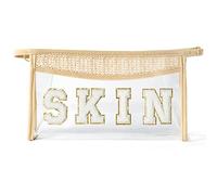 GROBRO7 Clear Toiletry Bag Patch Skin Varsity Letter Bag, Boho Beige Waterproof PVC Travel Cosmetic Bags with Zippers for Makeup Washing Nursing, Easy to Carry Business Trip Holiday Essentials