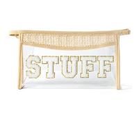 GROBRO7 Clear Toiletry Bag Patch Stuff Varsity Letter Bag, Boho Beige Waterproof PVC Travel Cosmetic Bags with Zippers for Makeup Washing Nursing, Easy to Carry Business Trip Holiday Essentials