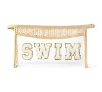 GROBRO7 Clear Toiletry Bag Patch Swim Varsity Letter Bag, Boho Beige Waterproof PVC Travel Cosmetic Bags with Zippers for Makeup Washing Nursing, Easy to Carry Business Trip Holiday Essentials