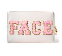 GROBRO7 FACE Patch Cosmetic Bag PU Large Capacity Travel Toiletry Bags, Gold Waterproof Varsity Letter Bag with Zippers for Makeup Washing Nursing, Easy to Carry Business Trip Holiday Essentials