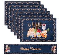 GROBRO7 Passover Table Runner Placemats - 7PCS Menorah Star of David Happy Passover Table Runners Heat Resistant Linen Place Mats Jewish Pesach for Holiday Decoration Kitchen Dining Party Supplies