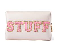 GROBRO7 Stuff Patch Cosmetic Bag PU Large Capacity Travel Toiletry Bags, Gold Waterproof Varsity Letter Bag with Zippers for Makeup Washing Nursing, Easy to Carry Business Trip Holiday Essentials