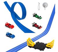 GROBRO7 Toy Car Flexible Track for Racing - 5M Two Lane Die-Cast Car Track with 4 Race Cars, Rolls Up Mounts on Doors, Walls, STEM Learning Toy for Kids, Tool-Free Indoor Play, Boys Girls Gift, Blue