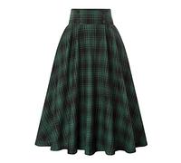 GROBTE Women Vintage Plaid Skirt High Elastic Waist A-Line Midi Pleated Skirts Trendy Classic Knee Length Skirt Green