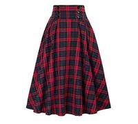 GROBTE Women Vintage Plaid Skirt High Elastic Waist A-Line Midi Pleated Skirts Trendy Classic Knee Length Skirt Red