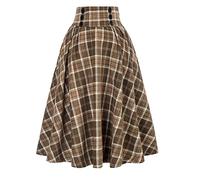 GROBTE Women Vintage Plaid Skirt High Elastic Waist A-Line Midi Pleated Skirts Trendy Classic Knee Length Skirt Yellow