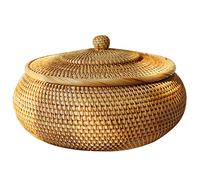 GROCKSTR Round Rattan Box,Wicker Fruit Basket with Lid Bread Basket Tray Storage Basket Willow Woven Basket for Bread,