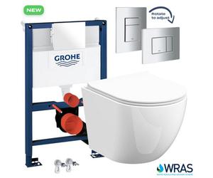 Grohe 0.82M Low Height Concealed Frame & Bubly Bathrooms Rimless D-Shape Wall Hung Toilet Set With Soft Close Seat