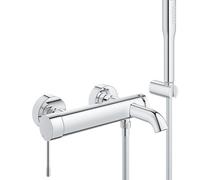 GROHE Essence Wall-Mounted Bath Tap with Shower Set (35 mm Ceramic Cartridge, Automatic Diverter: Bath, Stick Hand 1 Spray, Hose 1.5 m, Wall Holder), Chrome, 33628001