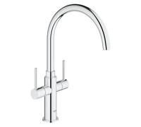 GROHE Ambi Cosmopolitan QuickFix - Two-Handle Kitchen Sink Mixer Tap (High C-Spout, 0°/150°/360° Adjustable Swivel Area, 1/2 Inch Tails, Minimum Pressure 0.4 Bar), Size 382 mm, Chrome, 30190000