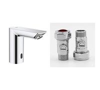 GROHE BAU Cosmopolitan E - Infrared Sensor Touchless Basin Mixer Tap Without Mixing Device (Battery Powered, 7 Pre-Set Programs), Size 123 mm, Chrome, 36452000 & UK Tap Adaptors 129473