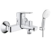 GROHE BauEdge Single Lever Wall Mounted Bath Shower Mixer Tap, Chrome, with Tempesta 110 Two Mode Hand Shower Kit