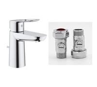 GROHE BauLoop - Basin Mixer for Single Hole Installation with Plastic Pop-Up Waste Set (Water Saving Bathroom Tap, 28 mm Ceramic Cartridge), Size 147 mm, Chrome, 23335000 & UK Tap Adaptors 129473