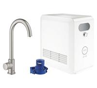 GROHE Blue Professional Mono Kit - Pillar Tap for Filtered, Chilled and Sparkling Water, with Bluetooth and WiFi High Swivel C-Spout, Stainless Steel Look Includes Cooler Unit 31302DC2