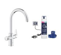 GROHE Blue Pure BauCurve - 3 Way Water Filter Tap (High C-Spout, Swivel Area 150°, Dedicated Filter Handle, 28mm Ceramic Cartridge, 3/8 Inch Tails, with Magnesium & Zinc Filter Starter Set), Chrome