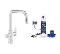 GROHE Blue Pure Eurosmart 3 Way Water Filter Tap (High U-Spout, Swivel Area 150°, Dedicated Filter Handle, 28mm Ceramic Cartridge, 3/8 Inch Tails, with Magnesium & Zinc Filter Starter Set), Supersteel
