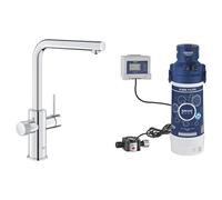 GROHE Blue Pure Minta - 3 Way Pull Out Water Filter Tap (High L-Spout, Swivel Area 360°, Dedicated Filter Handle, 28mm Ceramic Cartridge, 3/8 Inch Tails, with Hard Water Filter Starter Set), Chrome