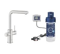 GROHE Blue Pure Minta - 3 Way Pull Out Water Filter Tap (L-Spout, Swivel Area 360°, Dedicated Filter Handle, 28mm Ceramic Cartridge, 3/8 Inch Tails, with Hard Water Filter Starter Set), Supersteel