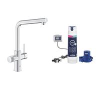 GROHE Blue Pure Minta - 3 Way Water Filter Tap (High L-Spout, Swivel Area 150°, Dedicated Filter Handle, 28mm Ceramic Cartridge, 3/8 Inch Tails, with Magnesium & Zinc Filter Starter Set), Chrome
