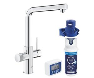 GROHE Blue Pure Minta Kitchen Sink 3 Ways Mixer Tap with Under Sink Water Filter Activated Carbon Filter Starter Set (High L-Spout 150°, Capacity 1500 L, Tails 3/8 Inch, Easy to fit), Chrome
