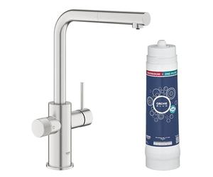 GROHE Blue Pure Minta Kitchen Sink 3 Ways Pull Out Mixer Tap with Under Sink Magnesium & Zinc Water Filter Starter Set (High L-Spout 360°, Tails 3/8 Inch, Capacity 400 L, Easy to Fit), Stainless Steel