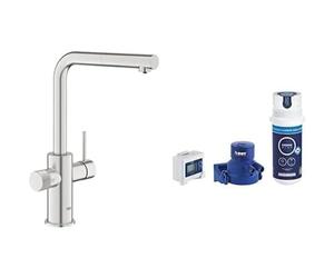 GROHE Blue Pure Minta Kitchen Sink 3 Ways Pull Out Mixer Tap with Under Sink Water Filter Activated Carbon Filter Starter Set (High L-Spout, Capacity 1500 L, Tails 3/8″, Easy to Fit), Stainless Steel