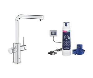 GROHE Blue Pure Minta Kitchen Sink 3 Ways Pull Out Mixer Tap with Under Sink Water Filter Magnesium & Zinc Filter Starter Set (High L-Spout 360°, Tails 3/8 Inch, Capacity 400 L, Easy to Fit), Chrome