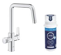 GROHE Blue Pure Start - Starter Kit for Filtered Water (Kitchen Sink Tap, High U-Shape, 150° Swivel Spout, Under-Sink Activated Carbon Filter Set, Tail 3/8 Inch), Size 366 mm, Chrome, 30596000