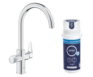 GROHE Blue Pure StartCurve - Starter Kit for Filtered Water (Kitchen Sink Tap, High C-Shape, 150° Swivel Spout, Under-Sink Activated Carbon Filter Set, Tails 3/8 Inch), Size 411 mm, Chrome, 30593000