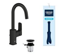 GROHE Dice - Basin Mixer Tap with Pop-Up Waste Set (L-Size, Swiveling C-Spout 90°, 28 mm Ceramic Cartridge, Energy Efficient & Water Saving, Tails 3/8 Inch, QuickTool Included), Matt Black, 1018712430