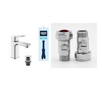 GROHE Dice Lever Basin Mixer Tap with Pop-Open Waste Set (S-Size 152 mm, 28 mm Ceramic Cartridge, Energy Saving, Easy to Fit with the Included QuickTool), Chrome, 1018610000 & UK Tap Adaptors 129473