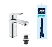 GROHE Dice Lever Basin Mixer Tap with Pop-Open Waste Set (S-Size 152 mm, 28 mm Ceramic Cartridge, Water & Energy Saving, Tails 3/8 Inch, Easy to Fit with The Included QuickTool), Chrome, 1018610000