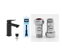 GROHE Dice Lever Basin Mixer with Push-Open Waste Set, (M-Size 172mm, 28mm Ceramic Cartridge, Energy Saving, Easy to Fit with the Included QuickTool), Matt Black, 1018362430 & UK Tap Adaptors 129473