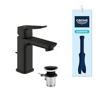 GROHE Dice Single Lever Basin Mixer Tap with Pop-Up Waste Set (S-Size 152 mm, 28 mm Ceramic Cartridge, Water Saving, Tails 3/8 Inch, Easy to Fit with The Included QuickTool), Matt Black, 1018562430