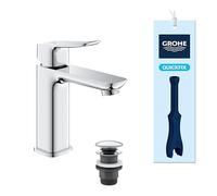GROHE Dice Single Lever Basin Mixer with Push-Open Waste Set, (M-Size 172mm, 28 mm Ceramic Cartridge, Water Saving, Tails 3/8 Inch, Easy to Fit with The Included QuickTool), Chrome, 1018330000