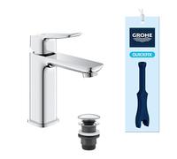 GROHE Dice - Smooth Body Basin Tap with Push-Open Waste Set (M-Size, 28 mm Ceramic Cartridge, Energy Efficient & Extra Water Saving Low Flow, Tails 3/8 Inch, QuickTool Included), Chrome, 1018350000