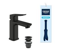 GROHE Dice - Smooth Body Basin Tap with Push-Open Waste Set (S-Size, 28mm Ceramic Cartridge, Energy Efficient & Extra Water Saving Low Flow, Tails 3/8 Inch, QuickTool Included), Matt Black, 1018602430