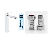 GROHE Dice Smooth Body Washbasin Mixer Tap for Free Standing Basins (XL-Size 270mm, 28 mm Ceramic Cartridge, Easy to Fit with the Included QuickTool), Chrome, 1018920000 & UK Tap Adaptors 129473