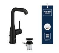 GROHE Essence Basin Mixer Tap with Pop-Up Waste Set (L-Size 244 mm, Curved High Adjustable Swivel Spout, Metal Lever, 28 mm Ceramic Cartridge, 3/8 Inch Tails), Matt Black, 326282431