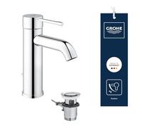 GROHE Essence Basin Mixer Tap with Pop-Up Waste Set (S-Size 208, Metal Lever, 28 mm Ceramic Cartridge, Water & Energy Saving, 3/8 Inch Tails), Chrome, 23591001
