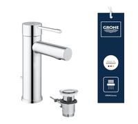 GROHE Essence Basin Mixer Tap with Pop-Up Waste Set (S-Size 208 mm, Metal Lever, 28 mm Ceramic Cartridge, Water Saving, 3/8 Inch Tails), Chrome, 32898001