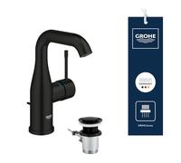 GROHE Essence Basin Tap with Pop-Up Waste Set (M-Size 193mm, Curved Swivel Spout, 28 mm Ceramic Cartridge, Water Saving, 3/8 Inch Tails, Min. Pressure 1 Bar), Matt Black, 234622431