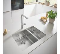 GROHE Essence Kitchen Set - Stainless Steel Sink (1.5 Bowl, 595x450mm) & Supersteel Pull-Out Tap (348mm, 3/8 Inch) - Undermount Installation, Modern Style, 23.4x17.7 Inches