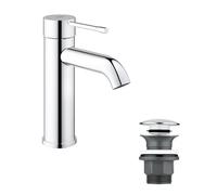 GROHE Essence Single-Lever Basin Mixer Tap with Push-Open Pop-Up Waste Set (S-Size 208mm, Metal Lever, 28 mm Ceramic Cartridge, Water- and Energy-Saving, 3/8 Inch Tails), Chrome, 23797001