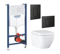 Grohe Euro Alpine White Wall Hung Oval Toilet With Soft Close Seat & Concealed Cistern & Matt Black Plate