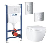 Grohe Euro Even Alpine White Wall Hung Oval Toilet With Soft Close Seat & Concealed Cistern & Plate Kit
