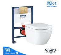 Grohe Euro Rimless Wall Hung Toilet Pan With 0.82M Concealed Cistern Frame Dual Flush Plate - Brushed Cool Sunrise