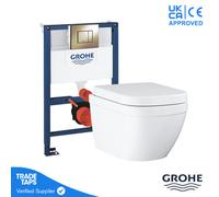 Grohe Euro Rimless Wall Hung Toilet Pan With 0.82M Concealed Cistern Frame Dual Flush Plate - Cool Sunrise