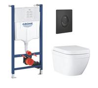 Grohe Euro Start Alpine White Wall Hung Oval Toilet With Soft Close Seat & Concealed Cistern & Matt Black Plate