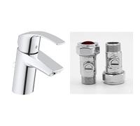 GROHE Eurosmart Basin Mixer Tap with Pop-Up Waste Set (Metal Lever, S-Size 146 mm, 35 mm Ceramic Cartridge), Chrome, 33265002 & UK Tap Adaptors 129473
